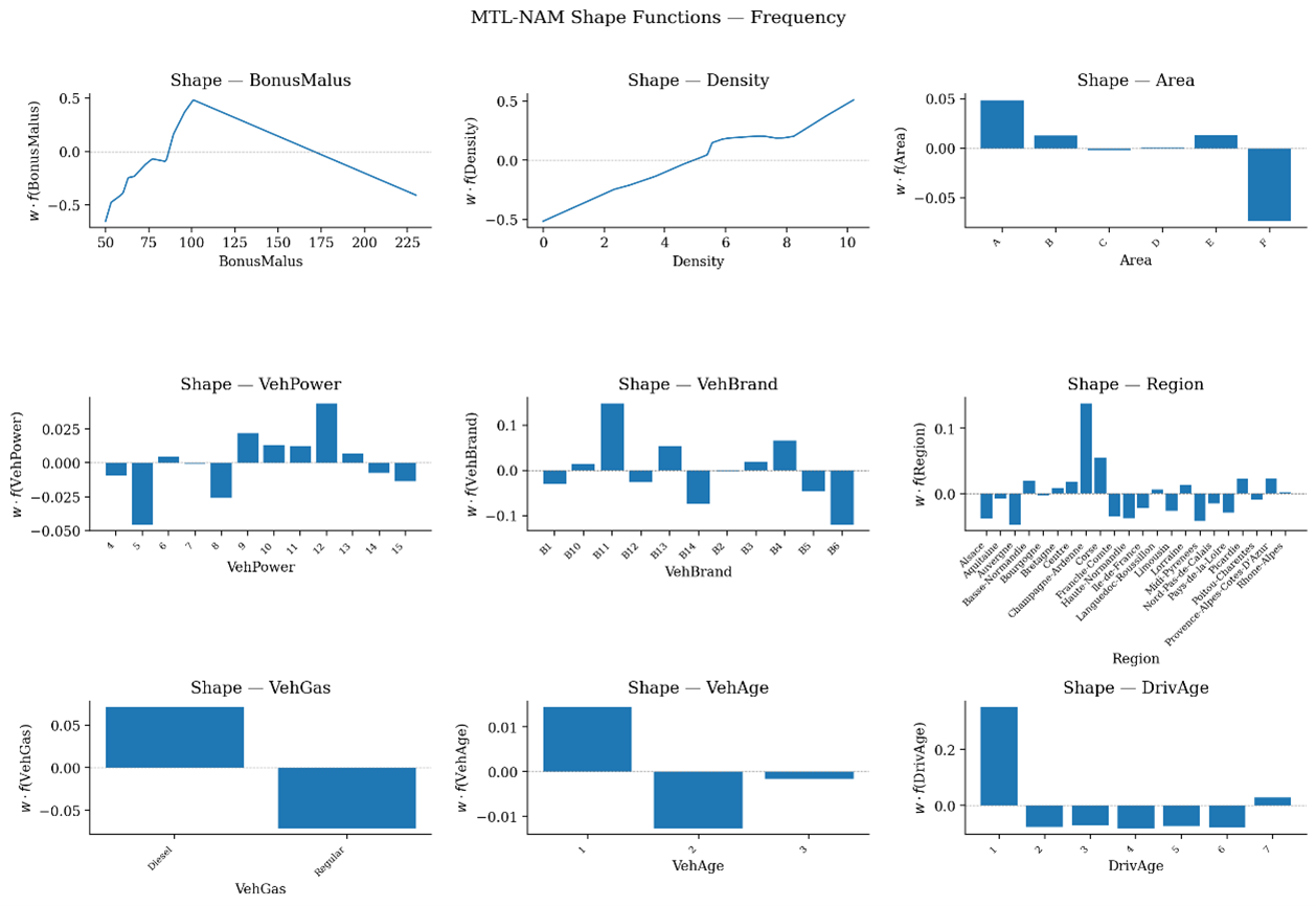 MTL-NAM claim-frequency shape functions for nine policy and driver features