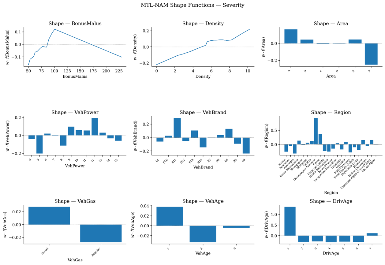 MTL-NAM claim-severity shape functions for nine policy and driver features