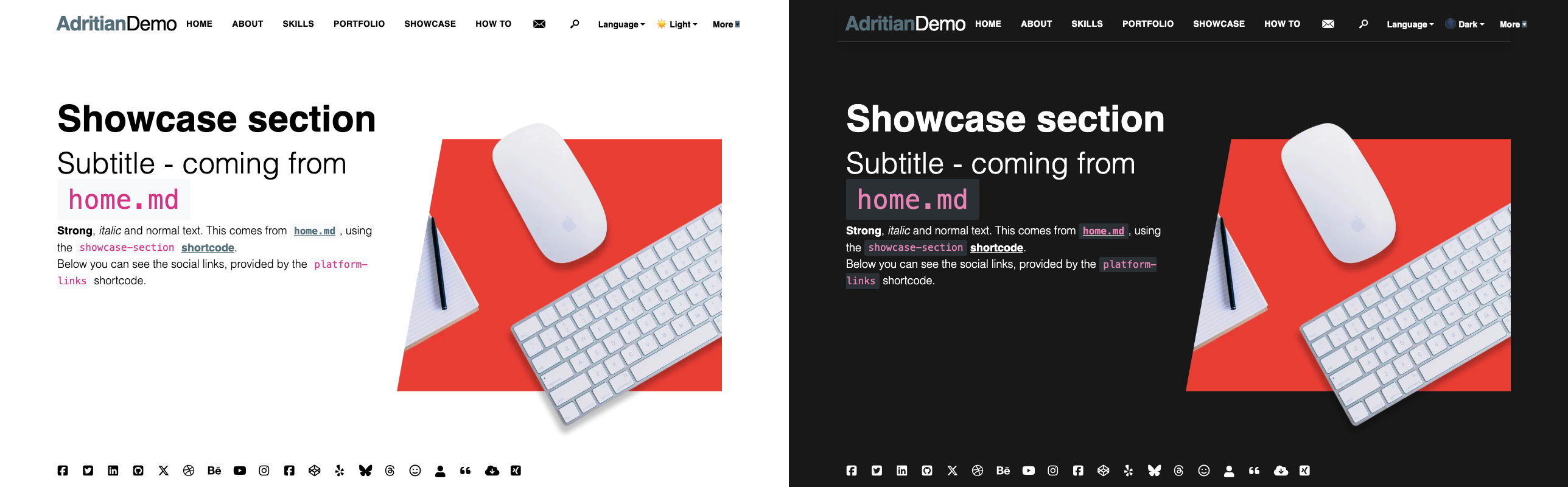 Slate color scheme — light mode (left) and dark mode (right)