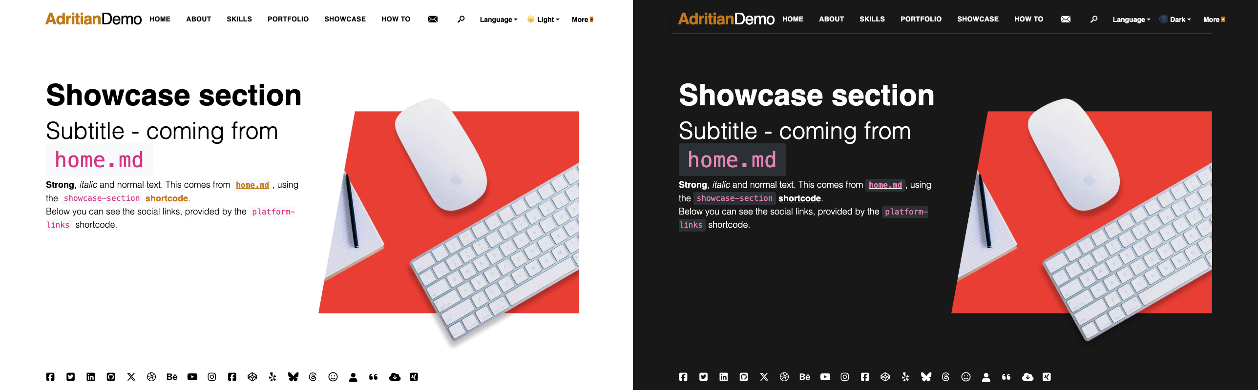 Warm color scheme — light mode (left) and dark mode (right)